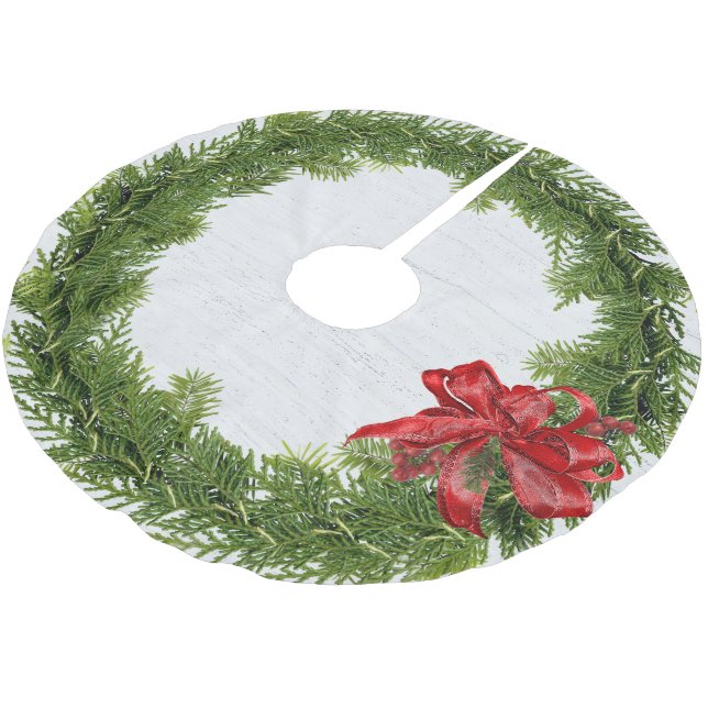 Weihnachtsschrei mit rotem Bow auf Holz Polyester Weihnachtsbaumdecke (Schrägansicht)