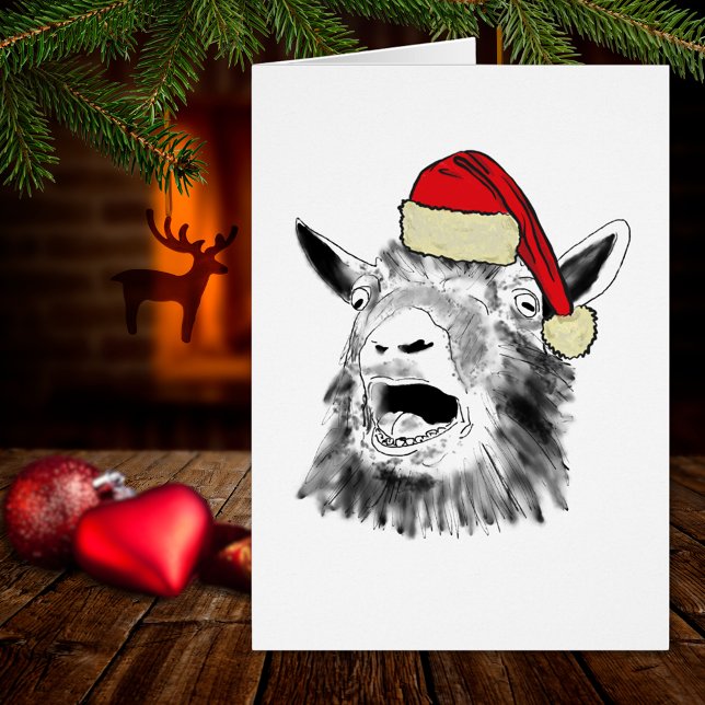 Weihnachtsschreie (Funny Christmas screaming goat wearing a santa hat farm animal art holiday greetings card)