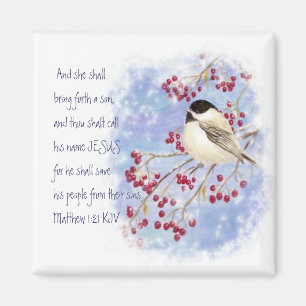 Weihnachtsschrift Chickadee Schnee Beere Magnet