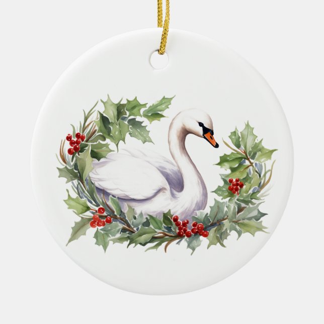 Weihnachtsschwan mit Weihnachtskranz Keramik Ornament (Vorne)