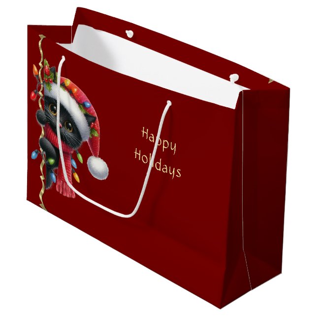 Weihnachtsschwarze Katze Weihnachtsgeschenk Tasche Große Geschenktüte (Vorderseite Schrägansicht)