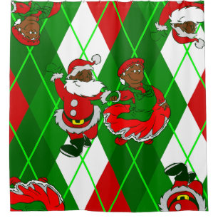 Weihnachtsschwarze Santa-Ehefrau kariert Duschvorhang