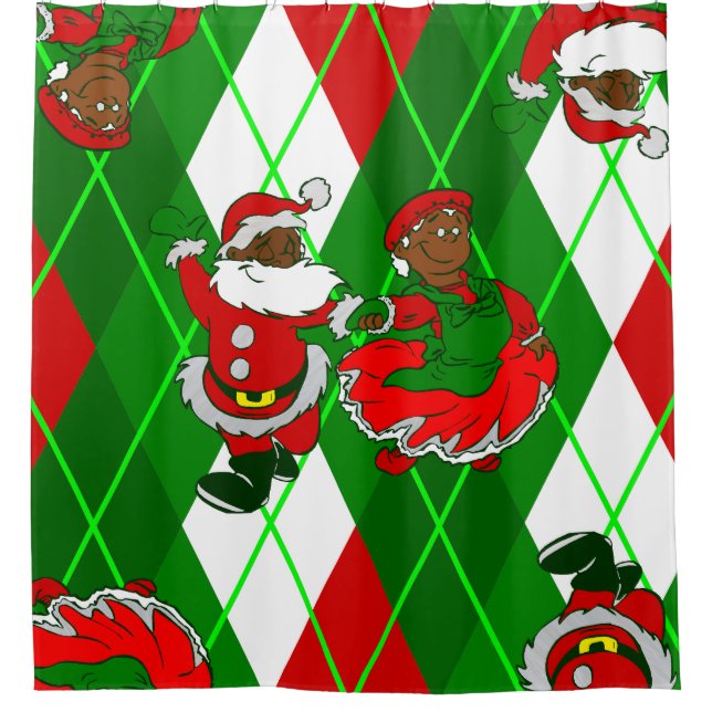 Weihnachtsschwarze Santa-Ehefrau kariert Duschvorhang (Vorderseite)