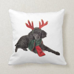 Weihnachtsschwarzer Zwergpudel-Hund gekleidet als Kissen
