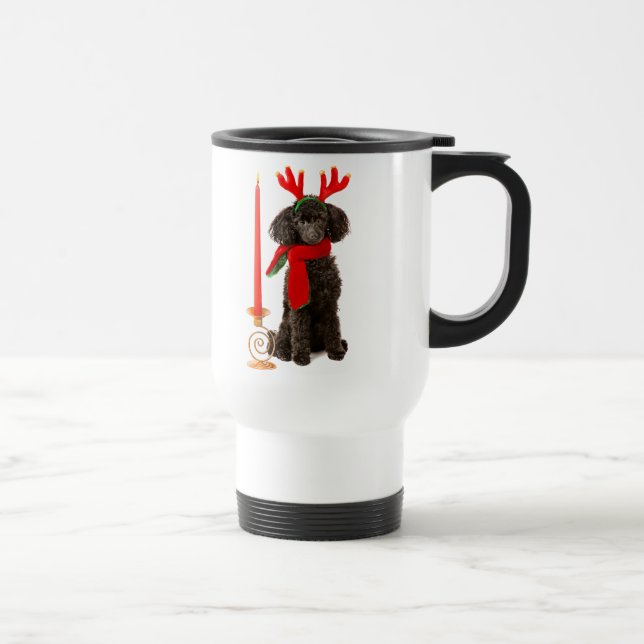 Weihnachtsschwarzer Zwergpudel-Hund gekleidet als Reisebecher (Rechts)