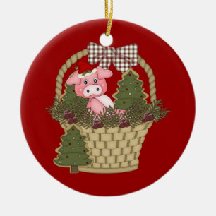 Weihnachtsschwein in einer Korb-Verzierung Keramikornament