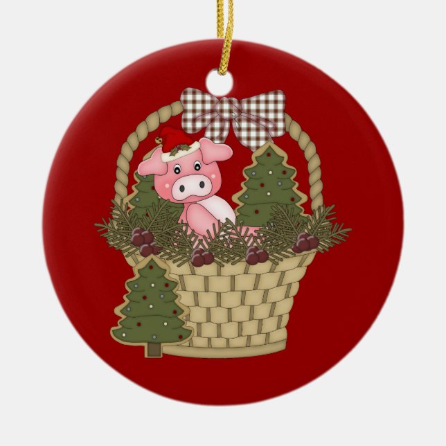 Weihnachtsschwein in einer Korb-Verzierung Keramikornament (Vorne)