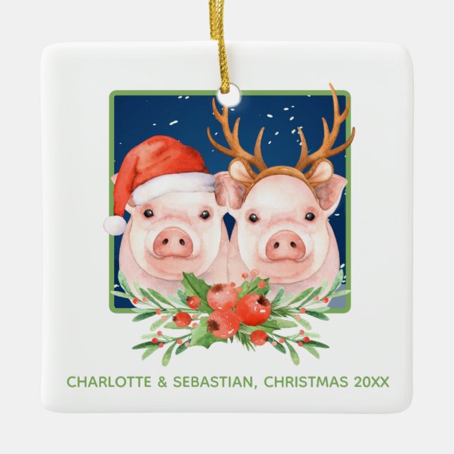 Weihnachtsschweine niedliche Sankt und Ren-Paare Keramikornament (Vorderseite)