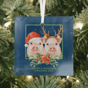 Weihnachtsschweine Niedlicher Weihnachtsmann und R Ornament Aus Glas
