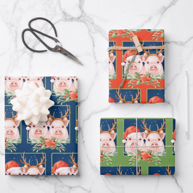 Weihnachtsschweine und Rentierschweine Geschenkpapier Set (Vorderseite)