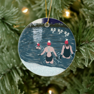 Weihnachtsschwimmen im Schneesee in Weihnachtsmann Keramik Ornament