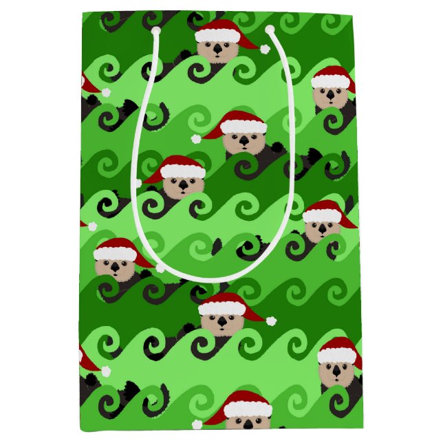 Weihnachtssee Otters Grüne Waves Mittlere Geschenktüte (Vorderseite)