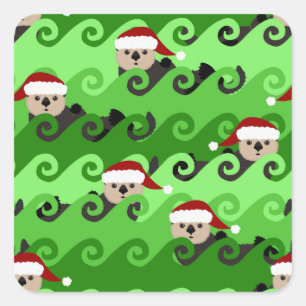 Weihnachtssee Otters Grüne Waves Quadratischer Aufkleber