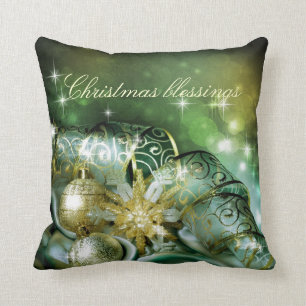 Weihnachtssegen, Grün, Gold, Glitter, fröhlich Kissen