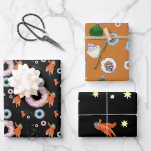 Weihnachtsset - Katzen, Donuts, Waschbären, Sterne Geschenkpapier Set