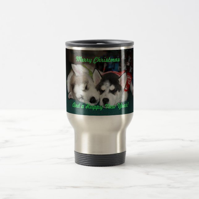 Weihnachtssibirischer Schlittenhund-Welpen-Tasse Reisebecher (Mittel)