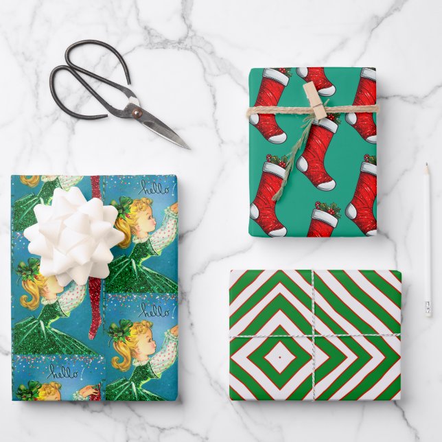 Weihnachtssocken Glitzer Girl Monogramm Geschenkpapier Set (Vorderseite)