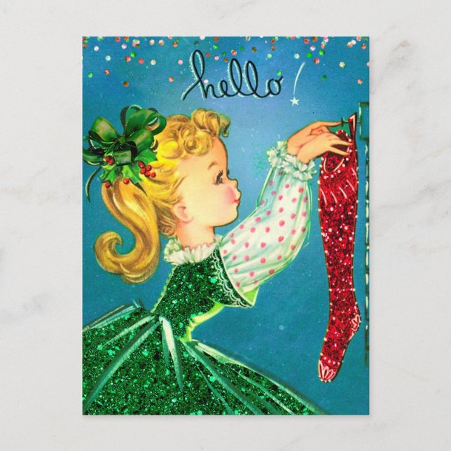 Weihnachtssocken Glitzer Girl Monogramm Postkarte (Vorderseite)