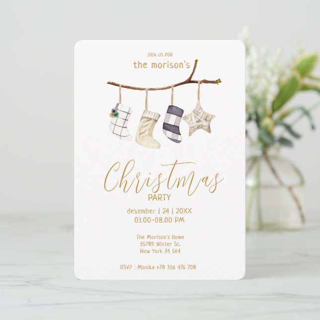 Weihnachtssocken in Aquarellfarbe Boho Stil Einlad Einladung (Stehend Vorderseite)