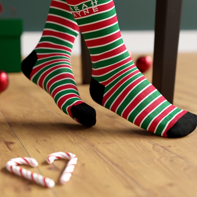 Weihnachtssocken mit Rot und Grünem Streifen Socken (Can't let the holiday see pass by without a pair of festive striped socks. Just add your name)