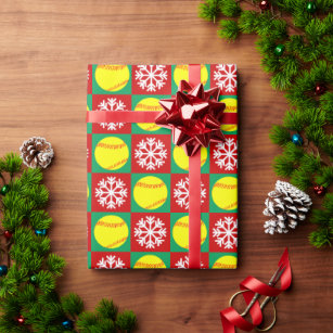 WeihnachtsSoftball und Schneeflocken Rot und Grün Geschenkpapier