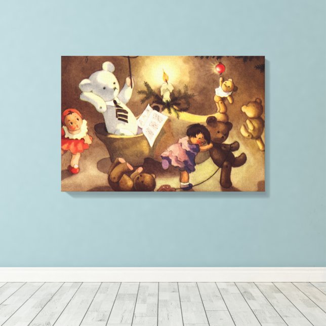 Weihnachtsspielzeug, Tanzpuppen, Teddybären Leinwanddruck (Insitu (Holzboden))