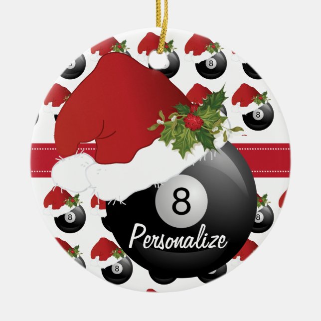Weihnachtssport-Billard-Pool-Weihnachtsmannmütze Keramikornament (Vorne)