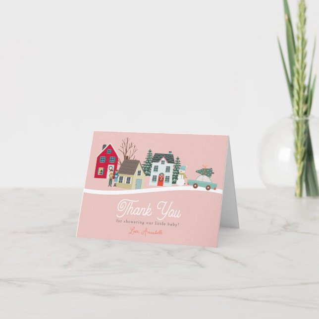 Weihnachtsstadt/Dorf Pink Babydusche Dankeskarte (Vorderseite)