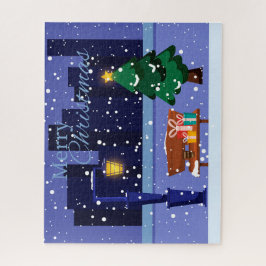 Weihnachtsstadtbild mit Straßenlaterne, Baum und G