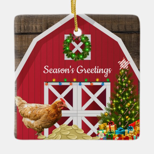 Weihnachtsstall Hen Tree Geschenke Keramikornament (Vorderseite)