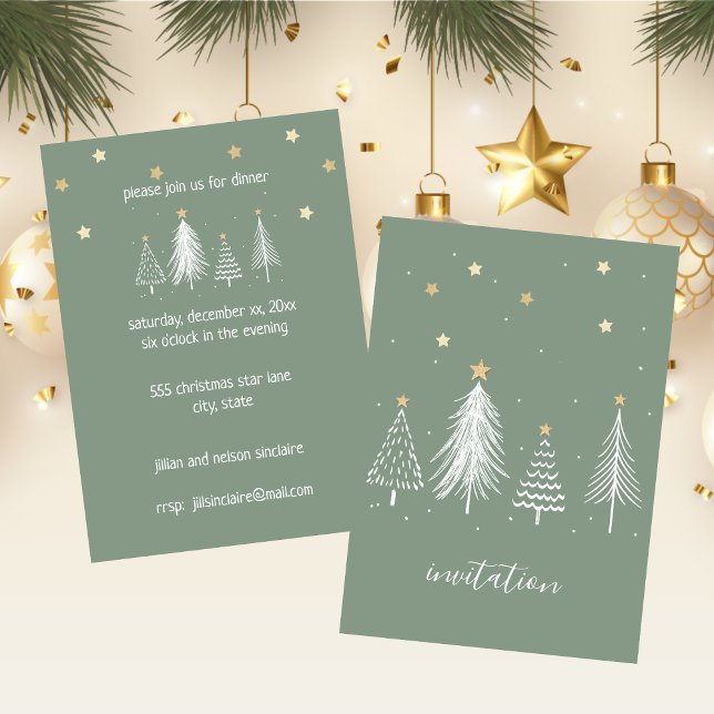 Weihnachtsstars Gold und grünes Party Einladung (Christmas Stars Gold and Green Party Invitation)