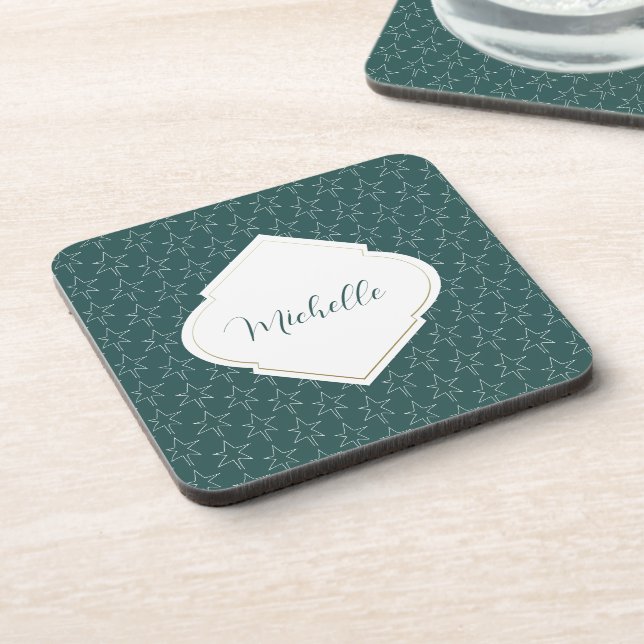Weihnachtsstars Muster Mit Monogramm Pine Green Getränkeuntersetzer (Linke Seite)