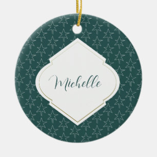 Weihnachtsstars Muster Mit Monogramm Pine Green Keramik Ornament