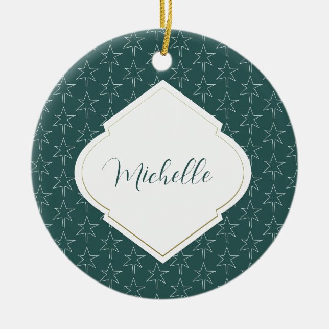 Weihnachtsstars Muster Mit Monogramm Pine Green Keramik Ornament (Vorne)