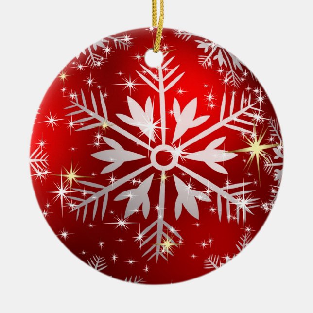 Weihnachtsstars und Schneeflocken - Rot Keramikornament (Vorne)
