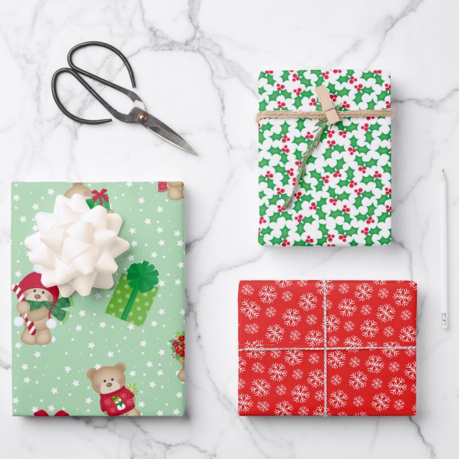 Weihnachtsstedten, Holly Berries, Schneeflocken Se Geschenkpapier Set (Vorderseite)