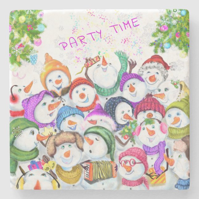 Weihnachtsstein Untersetzer mit Happy Snowmans Par (Vorderseite)
