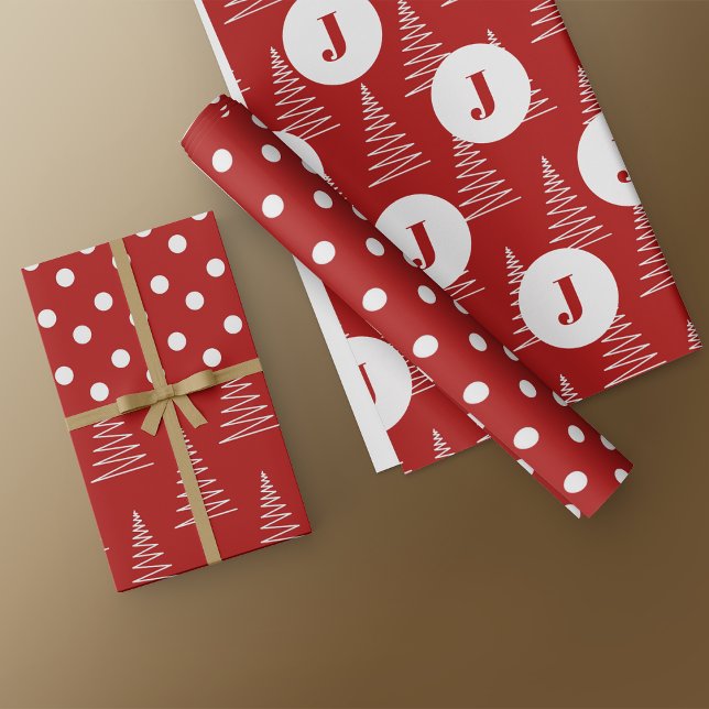Weihnachtssteine & Bäume Custom Monogram Red Geschenkpapier Set (Von Creator hochgeladen)
