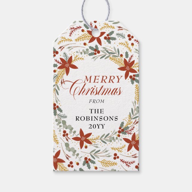Weihnachtsstern | Holly Berries Wreath Frohe Weihn Geschenkanhänger (Vorderseite)
