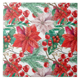Weihnachtsstern, Kiefernzweige und rote Beeren Fliese
