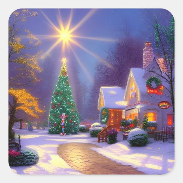 Weihnachtsstern leuchten über einem Weihnachtsbaum Quadratischer Aufkleber (Vorderseite)