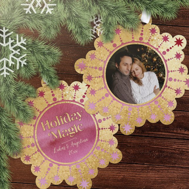 Weihnachtsstern: Rot und Gold Foto Ornament Karte (Holiday Magic Red, Pink, and Gold Photo Ornament Card)
