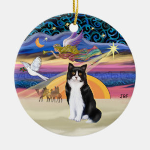 Weihnachtsstern - Schwarz-weißer Anzugkatze Keramikornament