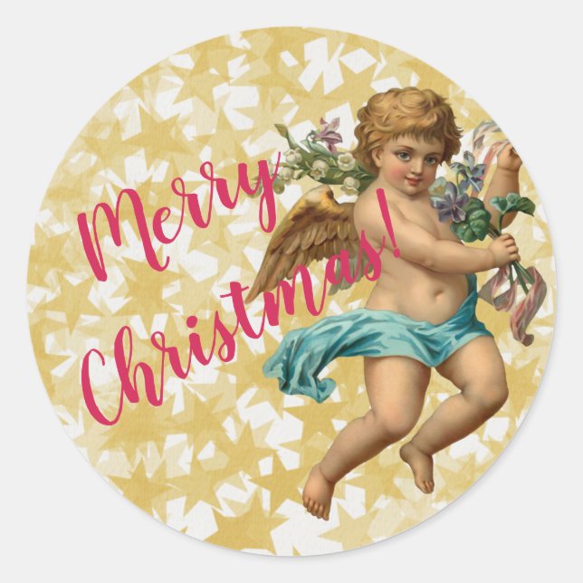 Weihnachtsstern und Engel Merry Christmas Classic  Runder Aufkleber (Vorderseite)