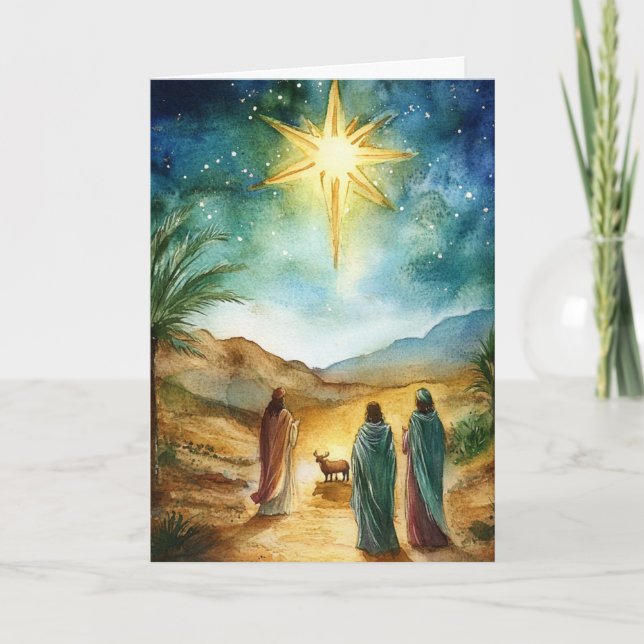 Weihnachtsstern und Weisen Watercolor Krippe Karte (Vorderseite)