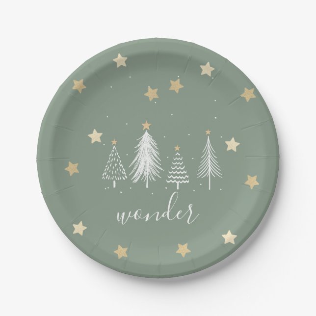 Weihnachtssterne, Gold, Weiß, Grün, Party Pappteller (Vorderseite)