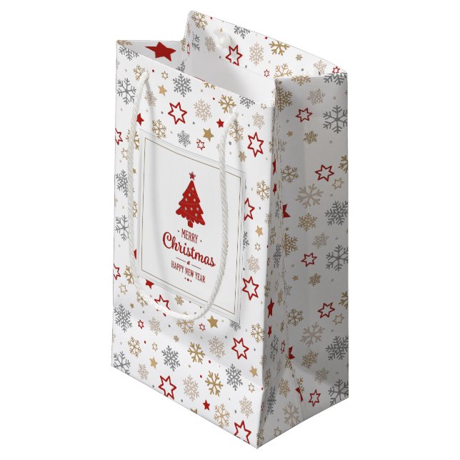 Weihnachtssterne und Schneeflocken Muster Kleine Geschenktüte (Vorderseite Schrägansicht)
