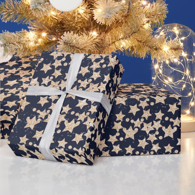 Weihnachtssterne verschneien goldenes Muster Geschenkpapier (Feiertage)