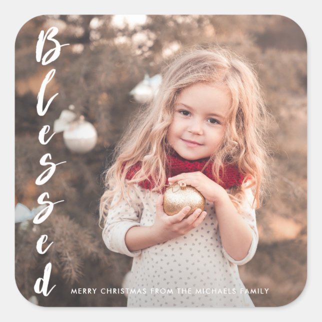 Weihnachtssticker für gesegnetes Script-Foto Quadratischer Aufkleber (Vorderseite)