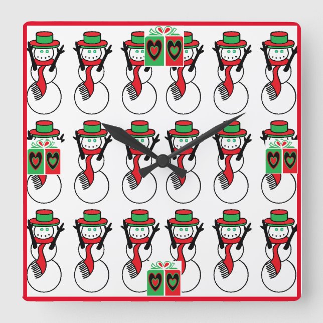 Weihnachtsstollen mit Schneemann Quadratische Wanduhr (Vorderseite)